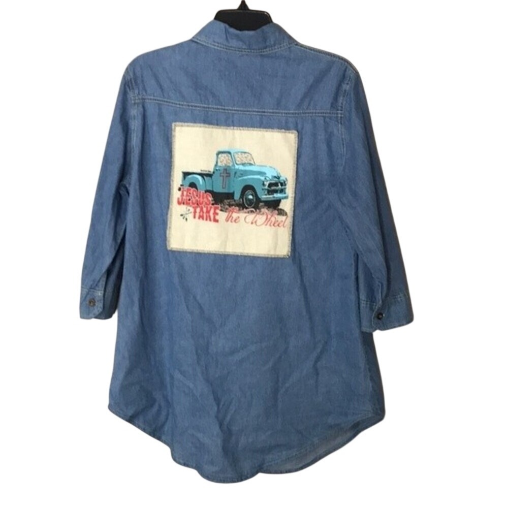 Southern Grace Women's Jesus Take the Wheel Denim Patch Button Down Shirt Blue L